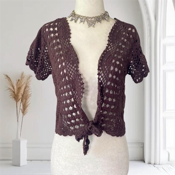 Carolyn Taylor Boho Cropped Crochet Dark Brown Short Front Tie Cardigan M - Picture 1 of 8